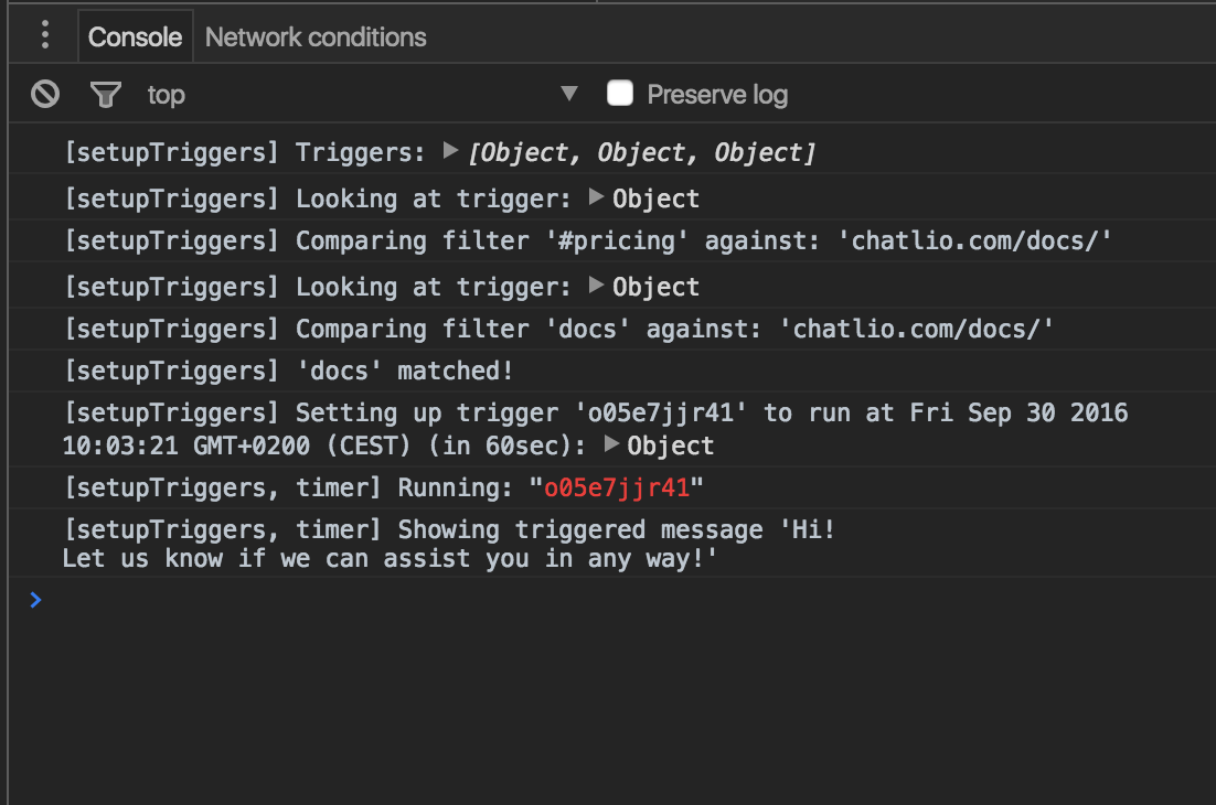 Triggers, JS console with debugging enabled, running a trigger